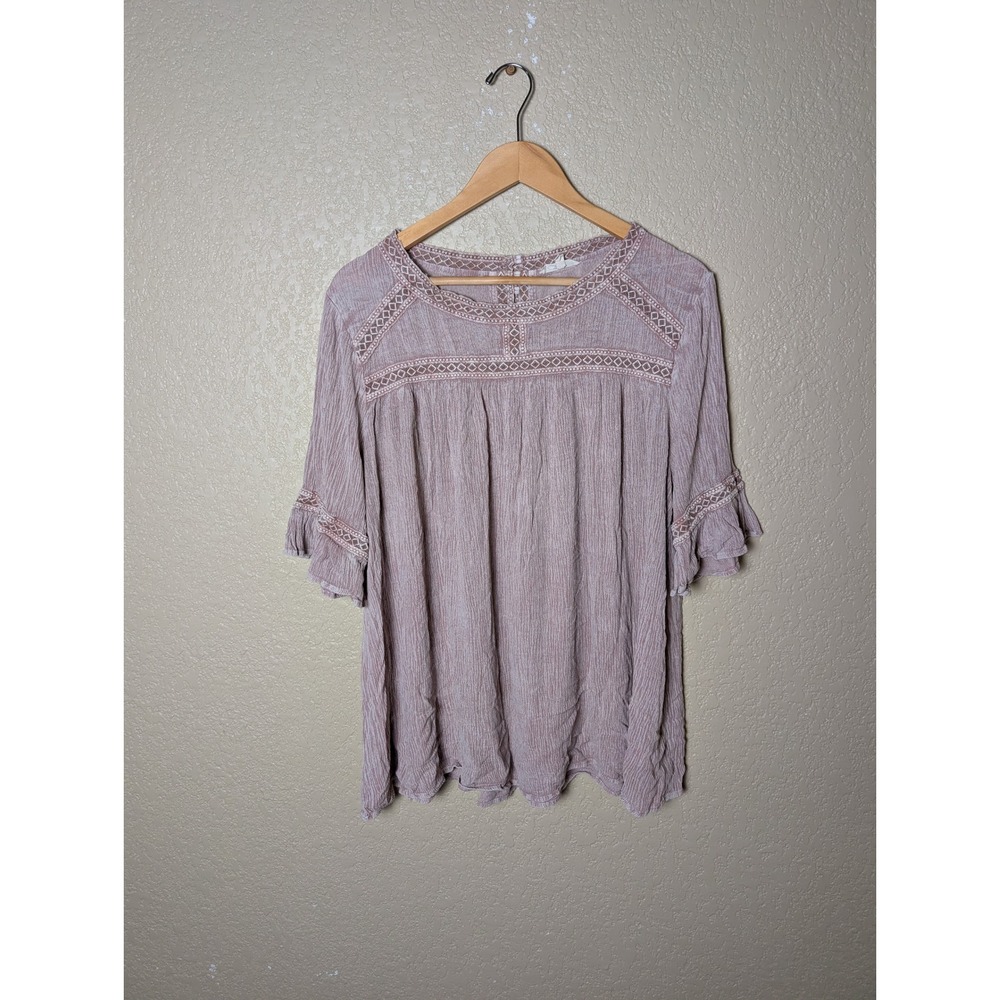 Women's Mauve Boho Lace Trim Tunic Blouse Ruffle Sleeve Textured Top
